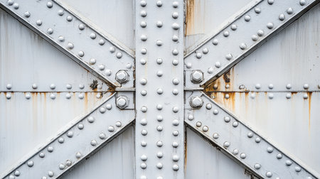 This close-up image showcases a detailed view of a rugged industrial metal structure, featuring rivets and rust patterns against a gray backdrop.の素材