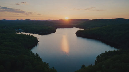 This stunning aerial view captures a serene sunset over a calm lake, surrounded by vibrant green forests and rolling hills. The reflection on the water adds to the peaceful ambiance of nature.の素材