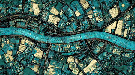 Explore an intricate aerial view of a vibrant urban landscape showcasing a winding waterway amidst geometric patterns in striking blue and earthy tones.の素材