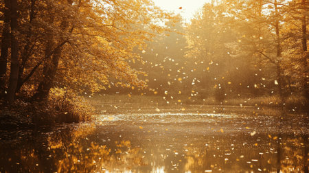 Experience the serene beauty of autumn with golden leaves gracefully falling over a tranquil lake, surrounded by vibrant trees and warm sunlight.の素材