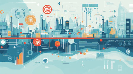 A vibrant urban skyline integrated with digital technology elements, showcasing graphs and charts that represent data visualization in a modern context.の素材