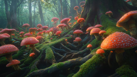 A captivating forest scene showcasing vibrant red mushrooms sprouting among lush green moss and intertwined roots, illuminated by soft morning light.の素材