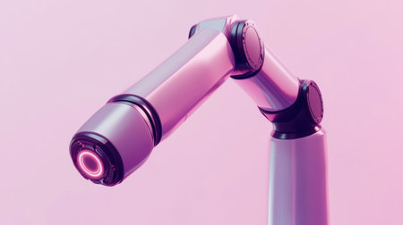 This image features a futuristic robotic arm with a sleek design and pink accents, symbolizing advanced technology in automation and engineering.の素材