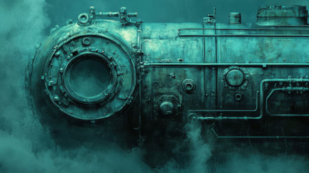 This image depicts a submersible submerged in a mysterious underwater environment, surrounded by ethereal fog and showcasing vibrant textures. Ideal for themes of exploration and adventure.の素材