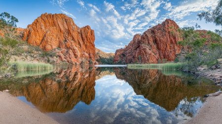 This stunning image captures the majestic red rock formations mirrored in calm water, framed by a picturesque sky, highlighting nature's beauty.の素材