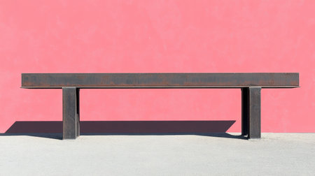 A minimalist steel bench rests against a vibrant pink wall, showcasing modern design elements in an urban setting. The sharp lines and shadows create visual interest.の素材