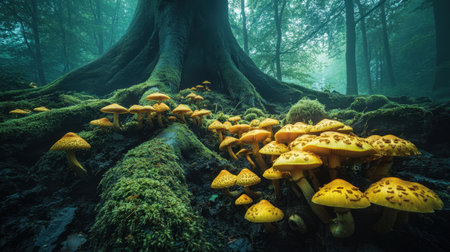 A captivating scene showcasing vibrant yellow mushrooms thriving around a majestic tree trunk in a serene forest. The misty atmosphere adds to the enchanting beauty of nature.の素材