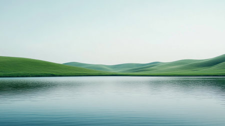 This serene landscape image features lush green hills and calm water reflecting the soft blue sky, evoking peace and tranquility in nature's beauty.の素材