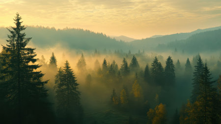Captivating view of a tranquil forest at dawn, enveloped in mist and illuminated by soft golden light, showcasing evergreen trees in a serene landscape.の素材
