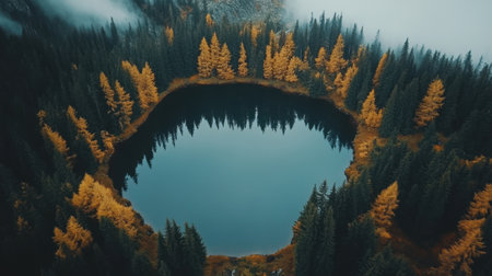 A stunning aerial view of a tranquil lake surrounded by vibrant golden trees and dense evergreen forest, showcasing the beauty of autumnal landscapes.の素材
