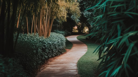 A tranquil garden path meanders through fresh greenery and elegant bamboo, creating a serene escape into nature's embrace. Perfect setting for relaxation.の素材