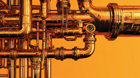 This close-up image showcases an industrial pipe system with a glossy finish against a vibrant orange background, highlighting the intricate details of machinery and design.の素材