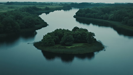 An aerial view showcasing an isolated island surrounded by calm water and lush green forest, creating a serene and tranquil natural landscape.の素材