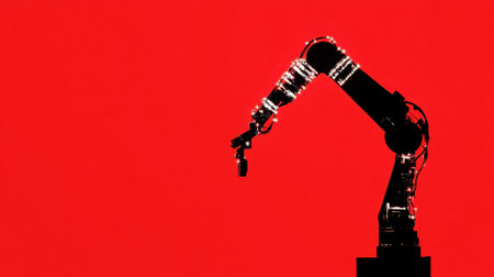 This striking image features a robotic arm silhouetted against a vibrant red background, highlighting the intersection of technology and industry.の素材