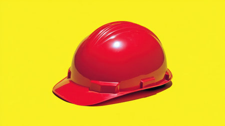 This image features a bright red safety helmet set against a vivid yellow background, symbolizing safety and protection in construction environments.の素材