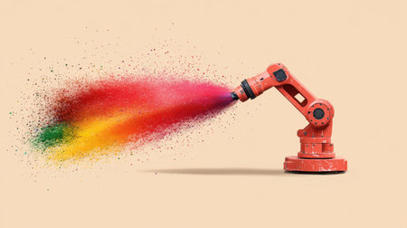 A dynamic robotic arm releases a vibrant stream of colorful powder, showcasing innovation in industry and creativity in art against a soft beige background.の素材