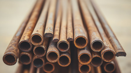 A close-up view of rusty metal pipes stacked together, showcasing intricate textures and colors ideal for industrial or construction-themed projects.の素材