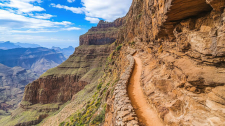 Explore a stunning scenic trail along the majestic cliffs of the Grand Canyon, surrounded by breathtaking landscapes and vibrant natural beauty.の素材