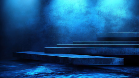 This striking blue abstract stage features dramatic lighting and atmospheric effects, perfect for creative projects, presentations, and artistic designs.の素材