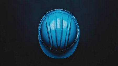 This image showcases a blue construction helmet placed on a dark surface, highlighting the importance of safety and protection in the construction industry.の素材