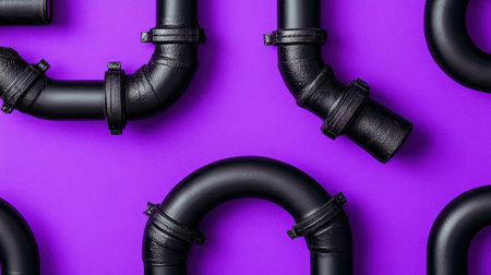 This striking stock photo features black PVC pipes arranged neatly on a vibrant purple background. Ideal for construction, plumbing, and industrial design projects.の素材