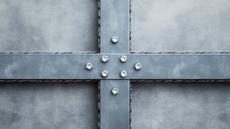 Close-up view of an industrial steel plate featuring bolts and rivets on a concrete background, suitable for construction or engineering projects and designs.の素材