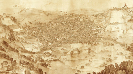 This stunning vintage illustration captures an aerial view of an ancient city intricately detailed in sepia tones, surrounded by lush hills and valleys.の素材