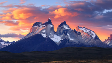 Stunning mountain range illuminates at sunset, showcasing vibrant colors and dramatic clouds above snow-capped peaks in a serene landscape.の素材