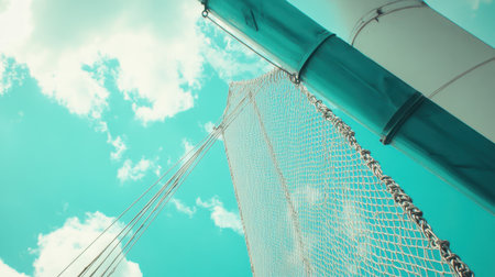 This stunning image captures the intricate details of a sailboat's mast and netting against a vibrant blue sky filled with fluffy clouds. A perfect representation of marine adventure.の素材