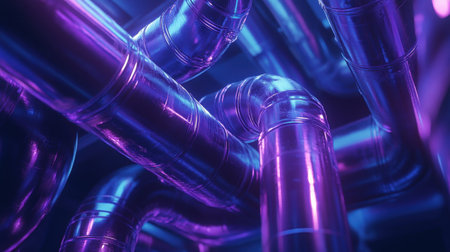 This captivating image showcases a close-up perspective of colorful metallic pipes illuminated by neon lights, creating a dynamic and futuristic atmosphere.の素材