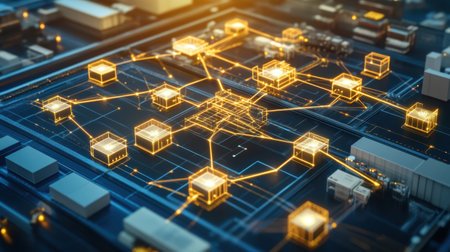 A vibrant digital network illustration showcasing glowing nodes and interconnected paths, representing advanced connectivity in a futuristic landscape.の素材
