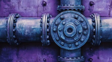 A detailed close-up view of an industrial pipe system featuring a valve and nuts against a striking purple metallic backdrop, showcasing intricate design and engineering.の素材