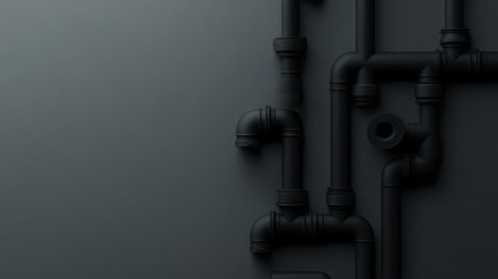 A close-up image of a black industrial pipe system against a dark background, illustrating modern plumbing infrastructure ideal for construction and engineering projects.の素材