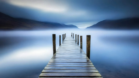 A beautiful wooden pier extends into a misty lake, surrounded by majestic mountains at dawn. The serene atmosphere creates a tranquil escape into nature.の素材