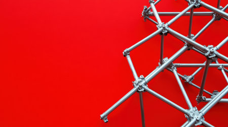This image features a modern abstract structure made of metallic elements set against a vivid red background, showcasing creativity and geometric design.の素材
