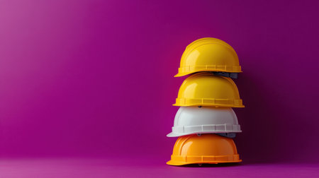 A stack of colorful construction helmets, featuring yellow and white, sits against a bright purple background, symbolizing safety and professionalism in the construction industry.の素材