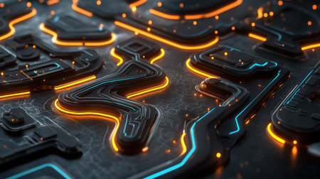 Intricate circuit board design featuring glowing orange and blue lines against a dark background, perfect for tech-oriented projects and digital art.の素材