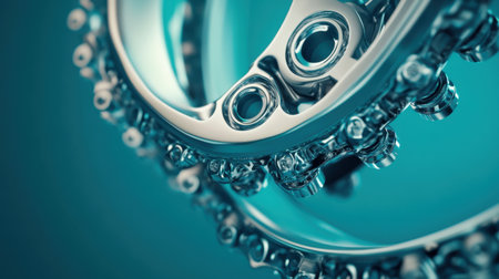 This striking close-up image showcases a metallic bicycle chain link with a glossy surface and intricate details on a calming blue background, ideal for technology and sports themes.の素材