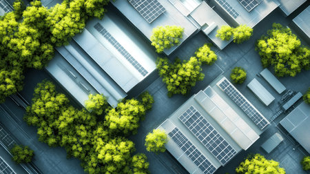 This aerial image showcases a modern industrial complex with solar panels and vibrant green trees. This scene emphasizes sustainability and innovation in urban design.の素材