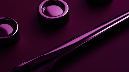 This image features sleek metallic tools artistically arranged on a shiny surface, enhanced by dramatic purple lighting that creates an elegant and modern atmosphere.の素材