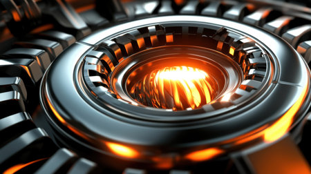 Captivating abstract image featuring a glowing sphere within a metallic framework, highlighting intricate details and modern technology aesthetics.の素材