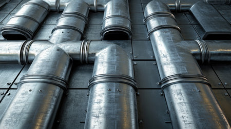 Close-up view of an industrial metal pipe system installed on a wall, showcasing the intricate details and sleek design typical in modern warehouses.の素材