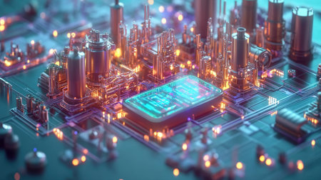 A captivating futuristic cityscape showcasing a detailed circuit board with glowing microchips and industrial structures, infused with vibrant neon colors.の素材