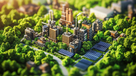 A vibrant industrial cityscape featuring modern buildings and solar panels, nestled among lush green trees, showcasing eco-friendly technology and growth.の素材