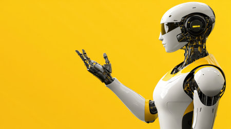 This image features a futuristic humanoid robot with sleek design and yellow accents. The robot represents advanced technology and innovation in artificial intelligence.の素材