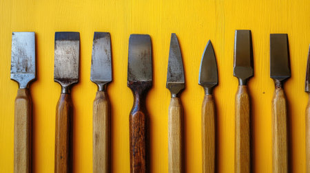 This image showcases a collection of various woodworking chisels with wooden handles, arranged neatly against a vibrant yellow background, emphasizing craftsmanship.の素材