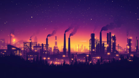 This stunning industrial landscape captures the essence of a vibrant energy sector at twilight, showcasing smoke stacks against a starry sky.の素材