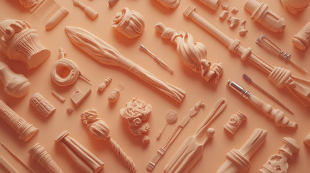 A stunning flat lay arrangement showcases an array of sculpted tools and objects, emphasizing creativity and craftsmanship against a warm background.の素材