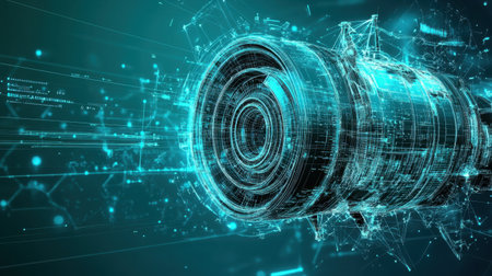 This high-tech digital design showcases an engine concept with intricate data visualization elements. It represents innovation in futuristic engineering and technology.の素材