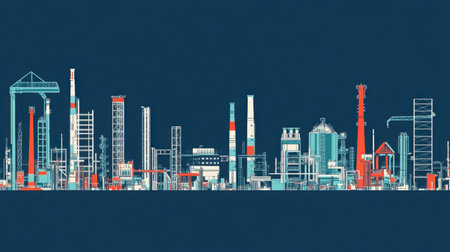 Vibrant illustration of an industrial cityscape showcasing modern factories, smokestacks, and machinery against a dark blue backdrop, emphasizing design and technology.の素材